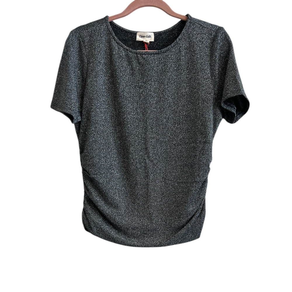 Open Edit Dark Grey/Silver Top with Round Neck and Ruched Sides Size XL NEW